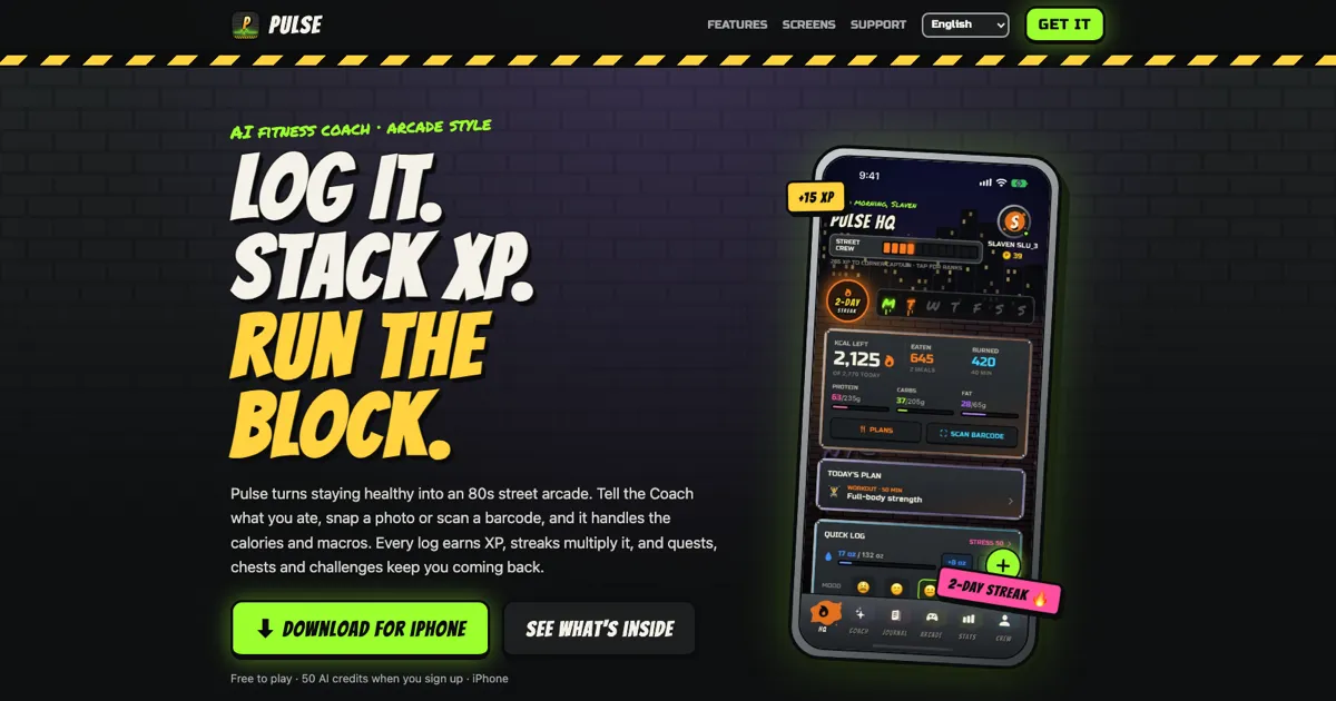 Pulse: log it, stack XP, run the block. A retro fitness tracker with an 80s neon look